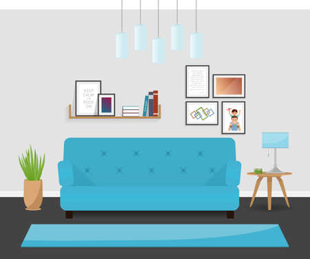 The modern interior design in turquoise colors. The cozy living room.のイラスト素材
