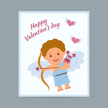 The concept of greeting cards for Valentine's Day in style flat. Cupid shoots arrows of love.のイラスト素材
