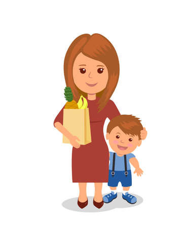 Mother and child shopping. Concept infographics proper nutrition.のイラスト素材