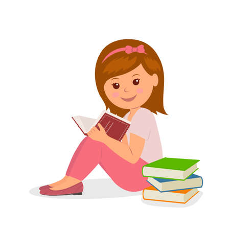 Cute girl in pink is sitting and reading a book. Isolated girl character reading book. Concept design back to school in a flat style.のイラスト素材
