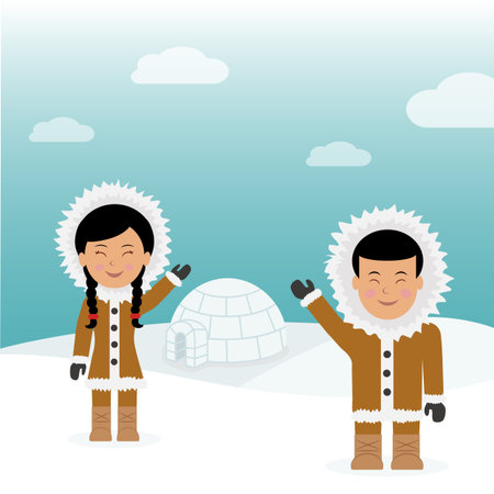 Character male and female Eskimos. Concept background trip to Greenland. Eskimos friendly greeting...