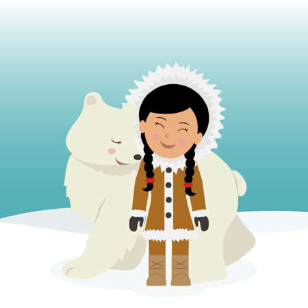 Eskimo girl hugging polar bear. The friendship between the Eskimos and polar bear. Concept background trip to Greenland.のイラスト素材