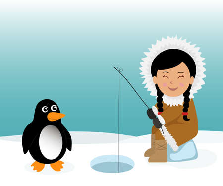 Eskimo and penguin fishing for fish. Concept background trip to Greenland.のイラスト素材