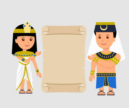 Egyptian man and a woman holding a papyrus. Isolated Egyptian papyrus and characters on a light background.のイラスト素材