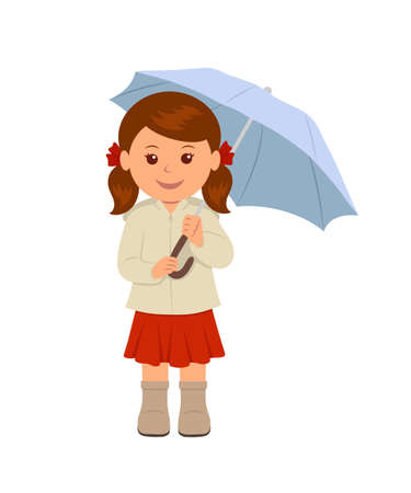 Cute girl under an umbrella. Isolated character of a young woman in a red skirt and a beige jacket under an umbrella. Concept fashion girl under an umbrella in a flat style.のイラスト素材