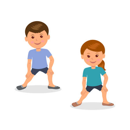 Kids yoga. Boy and girl standing perform gymnastic exercises. Isolated characters, male  and female involved in sports on a white background.のイラスト素材