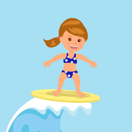 Girl surfer rides the waves. Concept design of a summer holidays by the ocean.のイラスト素材