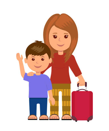 Mother and son with luggage bags. Concept infographics travelers. Isolated characters women and little child with baggage.のイラスト素材