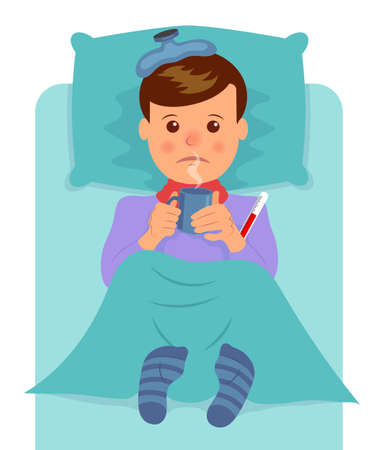 Sick man lies and drinks hot drink. Flu symptoms, fever, pain, malaise.のイラスト素材