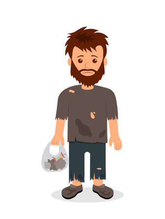 Homeless. Shaggy man in dirty rags and with a bag in his hand. Isolated character bum for infographics.のイラスト素材