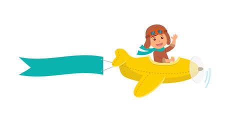 Cute boy pilot flies on a yellow plane in the sky. Air adventure. Isolated cartoon illustration.のイラスト素材