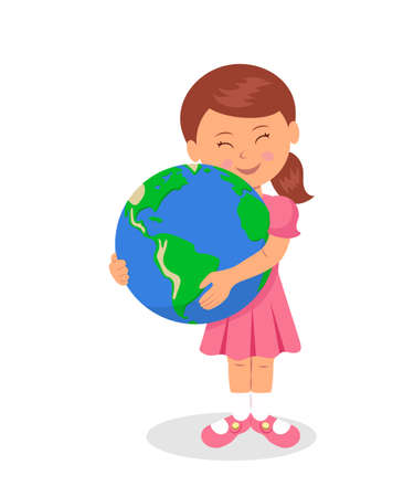 The child and the Earth: Little girl hugging the earth on a white background. The design concept of Earth Day. Love for the Earth and care for the environment.のイラスト素材