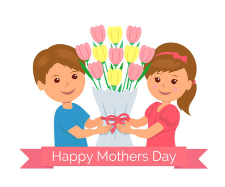 Isolated cartoon boy and girl holding a bunch of tulips as a gift mom. Concept design background for greeting card or invitationのイラスト素材