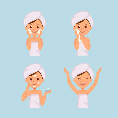 Isolated set of characters: Girl takes care of the skin. Washing, Treatment, Applying cream, Facial, Beauty, Cosmetic, Makeup.のイラスト素材