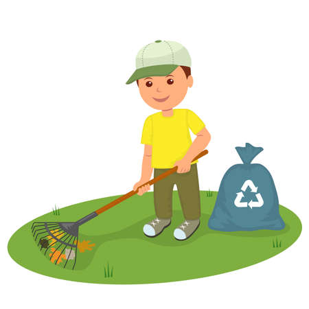 A boy with a rake the lawn clean from garbage and older leaves. Isolated character volunteer with a rake and garbage bags cleans the lawn. Concept design of correct recycling and ecology.のイラスト素材