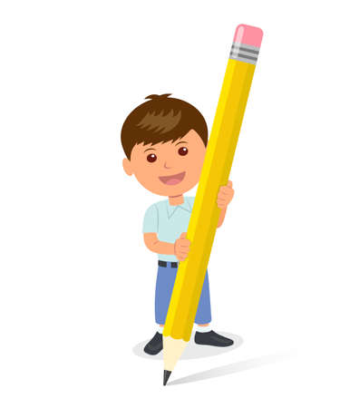 Cheerful boy holding a yellow pencil. The isolated character of a child standing with a pencil. Concept design of a schoolboy holds pencil. Template background for Teachers' Day or Children's Day.のイラスト素材