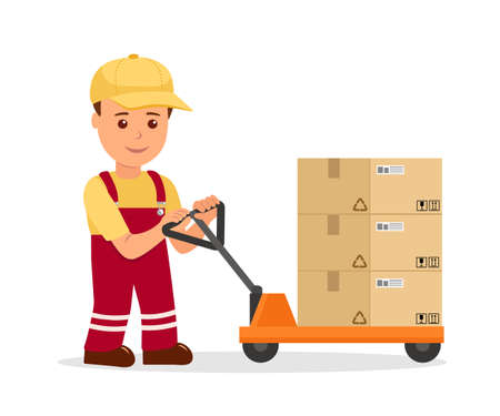 Warehouse worker man towing hand forklift with boxes. Concept work in the service delivery and logistics in a flat style.のイラスト素材