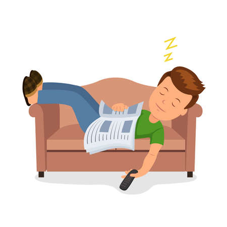 Male fell asleep while reading on a cozy couch. Isolated vector character man sleeping on the couch with the newspaper and remote control in hand.のイラスト素材