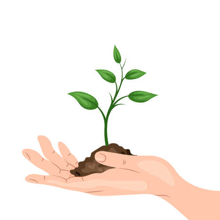 A man's hand holding a sprout with a handful of ground. Environmental protection, ecology concept illustration in flat style. Earth Day or World Environment Day.のイラスト素材