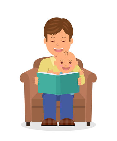 Father and child sitting in an armchair reading a book. Reading the child before bedtime. Isolated vector illustration of a dad and toddler sitting together in armchair.のイラスト素材