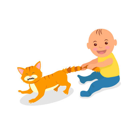 The kid plays with a red cat. Toddler grabbed the cat's tail. The cat bristled pain.のイラスト素材