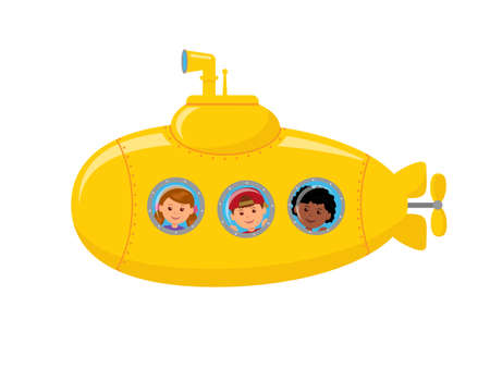 Yellow submarine with children on board. Children looking at the porthole. Isolated vector illustration of a underwater Journey.のイラスト素材