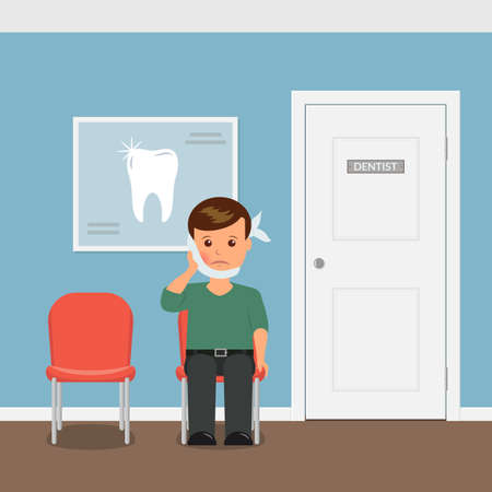 The patient with toothache sitting on the chair waiting for an invitation to the dentist's office. Boy with swelling of the cheek and a bandage. Treatment and care of teeth. Interior dental office.のイラスト素材