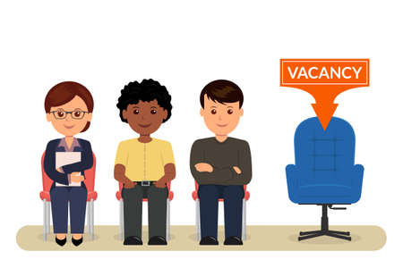 Vacancy. Cartoon people sitting on chairs awaiting an interview for employment. Recruitment. HR management.のイラスト素材