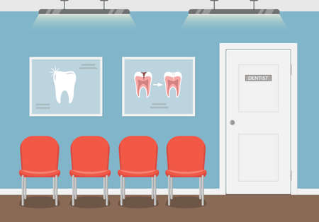 Waiting room for patients in the dental office. Interior building dentistry. Vector illustration in flat style.のイラスト素材