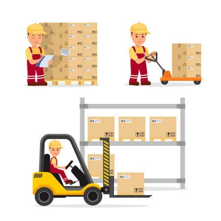 A set of vector people in the field of logistics, cargo storage and delivery. Warehouse worker in the uniform. Isolated characters for infographics and websites.