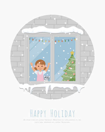 Girl and cat watching snowflakes out the window. Christmas banner. Christmas card for happy holidays. Flat vector illustrationのイラスト素材