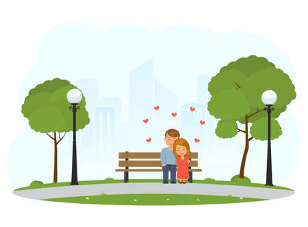 Boy and girl hugging sitting on a Park bench. Couple sitting on bench and cuddling. Romantic day in Park. Concept design for Valentine's Day. Vector Illustration in flat style.のイラスト素材