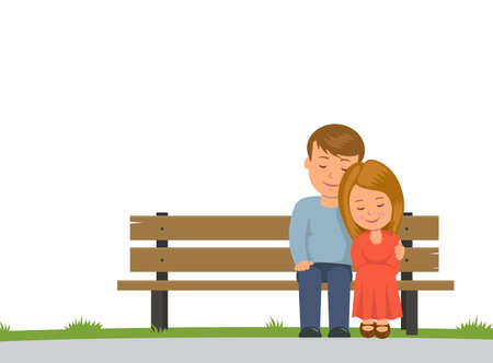 Boy and girl cuddling sitting on a Park bench. Isolated on white background couple sitting on bench. Vector illustration in flat style.のイラスト素材