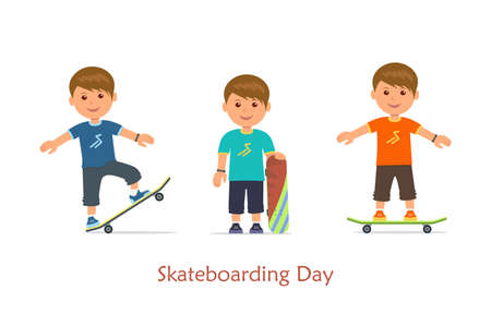 Cartoon set guys riding on a skateboard. Urban citizen sports lifestyle. Isolated set young skaters in different poses on skateboard on white background. Vector illustration in flat style.のイラスト素材