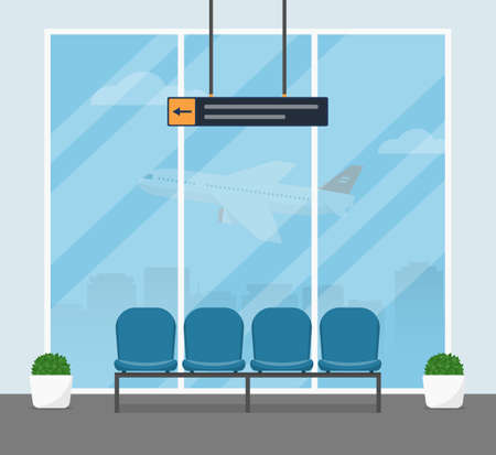 The waiting room at the airport. Modern interior of the airport building with blue armchairs for passengers awaiting departure. Vector illustrations in a flat style.のイラスト素材