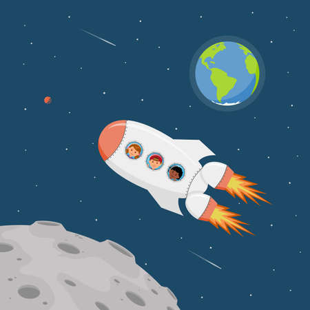 Travel on a space ship. Astronauts children in outer space. Cartoon background childrens dreams of becoming astronauts and flying on space ship. Vector illustration in flat style.の写真素材