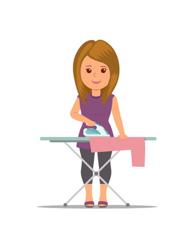 Cartoon woman housewife ironing clothes on iron board. Modern girl busy household chores. Concept design housework in flat style.のイラスト素材