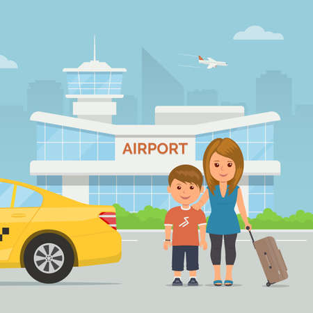 Cartoon mother and child with luggage on background airport terminal. Holidays and travel. Vector illustration family at modern airport building and taxi service transfer.のイラスト素材