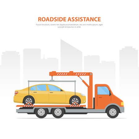 Cartoon banner roadside assistance. City skyline and tow truck with loaded car on the white background.のイラスト素材