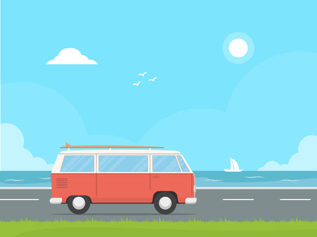 Camper van driving on a highway on the background ocean. Concept design travel camper with board for...