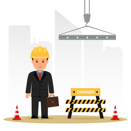 Architect inspects the construction site. Builder in a suit with a briefcase. Cartoon vector illustration danger in construction.のイラスト素材