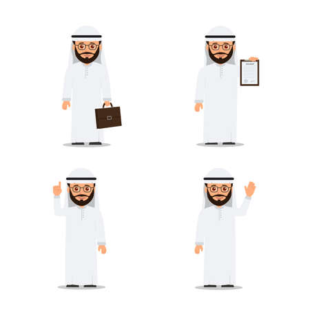 Set characters arab man in various poses. Arab businessman. Vector illustration in flat styleのイラスト素材