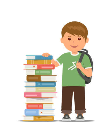 Schoolboy with school bag stand beside stack of books. Training and self-education.のイラスト素材