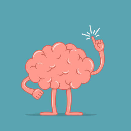 Cartoon brain holding up his index finger and giving advice. Isolated character of the brain in flat style.のイラスト素材