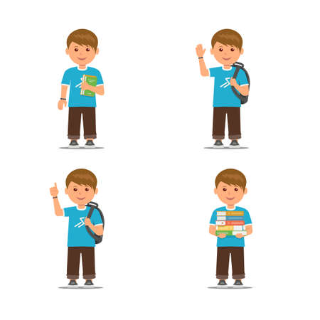 Pupils with different pose isolated on white background. Cartoon school boys . Vector illustration in flat style.のイラスト素材