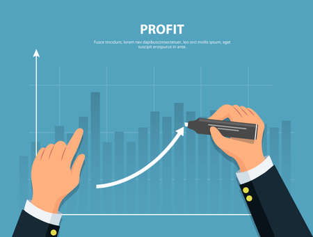 Profit. Businessman draws graph of financial growth . Concept financial investments and revenue increase. Vector illustration in flat style.のイラスト素材