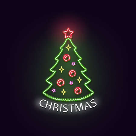Christmas tree in neon light. Neon sign. Concept design greeting card, poster or banner. Vector illustration.のイラスト素材
