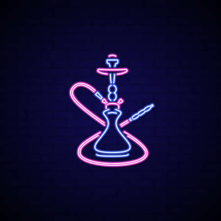 Neon signboard of hookah. Neon sign hookah for lounge cafe emblem, arabian bar, shop. Vector Illustration.のイラスト素材