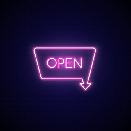 Pink neon sign Open. Neon signboard on dark background.のイラスト素材