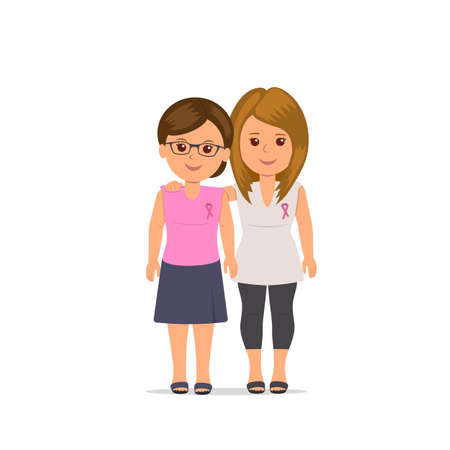 Women girlfriends with pink ribbons standing in embrace. Woman activist community awareness of breast cancer. Health care concept.のイラスト素材